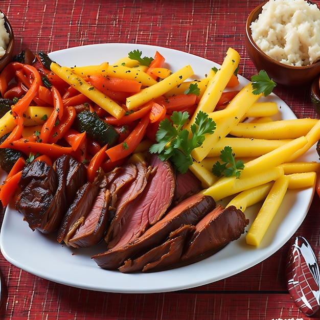 Roasted meat with sauce vegetables and fries brazilian food generative ai