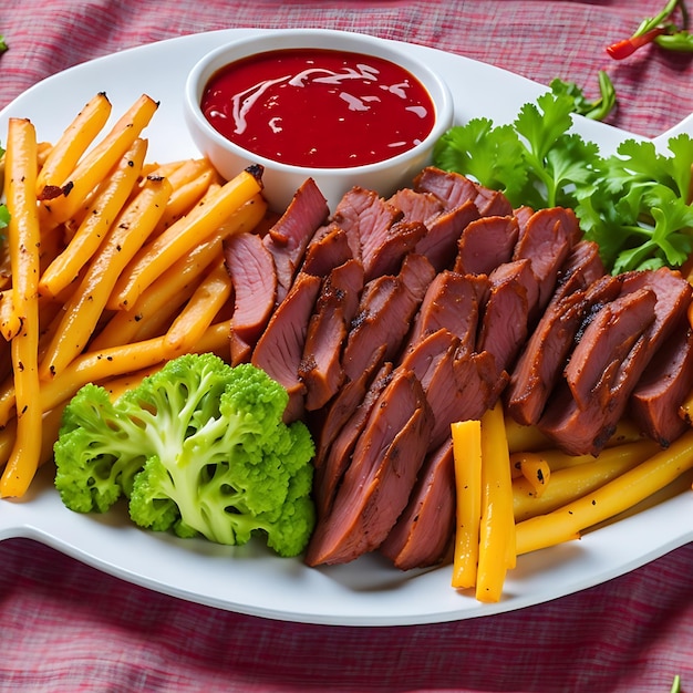 Roasted meat with sauce vegetables and fries brazilian food generative ai