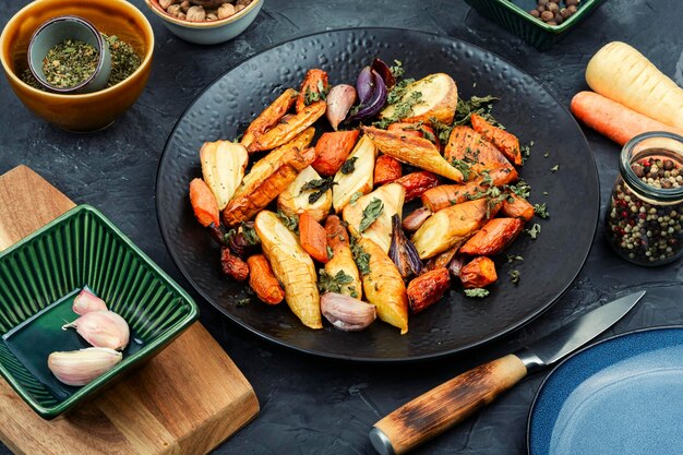 roasted parsnip root and carrots