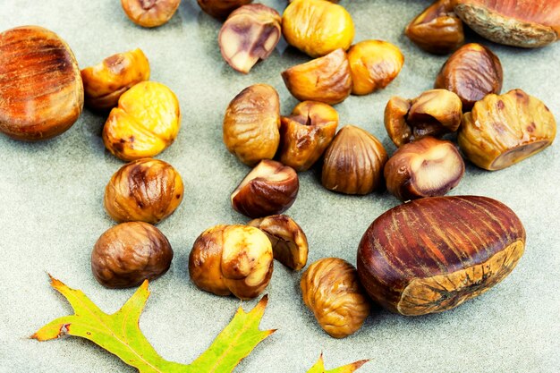 Roasted peeled chestnuts close up