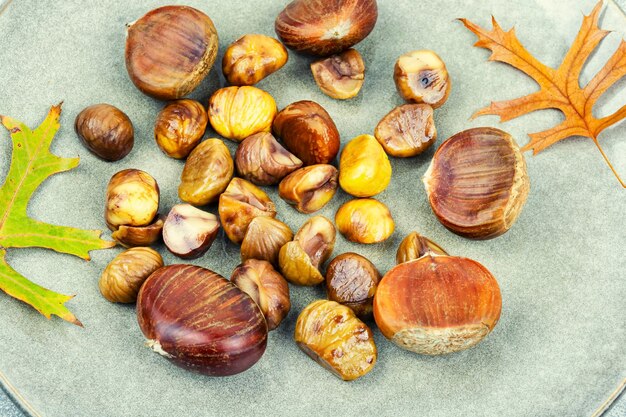 Roasted peeled chestnutsclose up