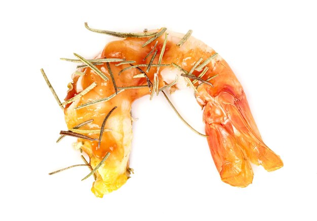 roasted peeled prawn with dry rosemary isolated on white background grilled shrimp