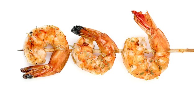 roasted peeled prawn with skewer isolated on white background grilled shrimp