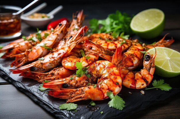 Roasted peeled shrimps on wooden background