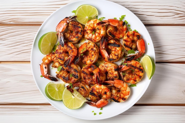 Roasted peeled shrimps on wooden background