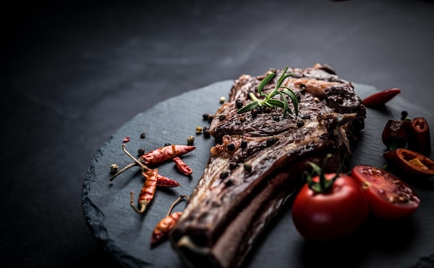 Roasted piece of beef with vegetables on the kitchen