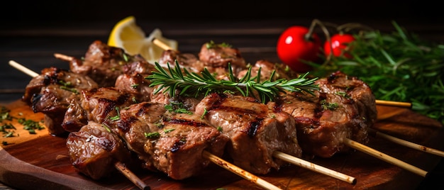 Roasted pieces of lamb on a skewer closeup