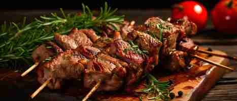 Photo roasted pieces of lamb on a skewer closeup