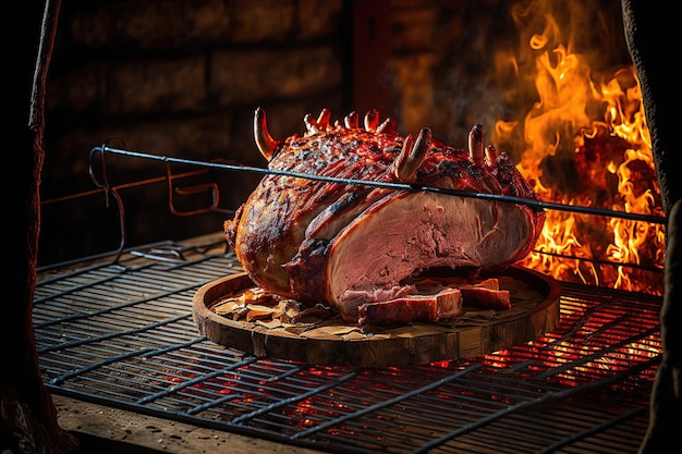 Roasted pig over a grill Traditional open barbecue for barbecuing outside beef and steaks grilled over a wood fire superior photograph