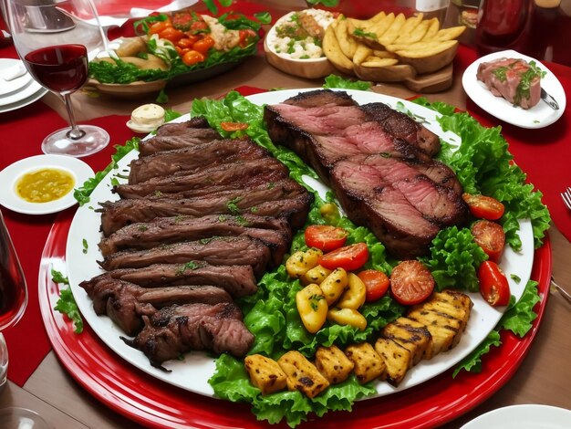 Foto lombo di maiale arrostito con patate e verdure al forno atmosfera natalizia