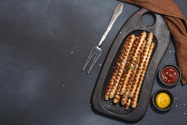 焼いた豚肉のソーセージを木製の切り板の上に ソーセージのセット ピクニックやバーベキューのための伝統的な食べ物 トレンディ ハード ライト ダーク シャドー フラット レイ ブラック ストーン コンクリート 背景 トップ ビュー