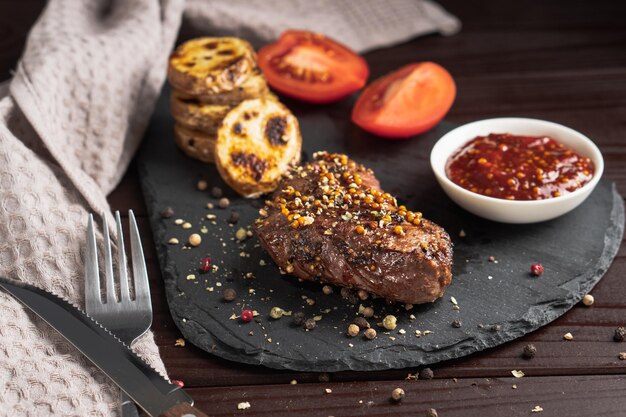 Roasted pork steak on black stone board over dark background With tomato sauce and fried potato