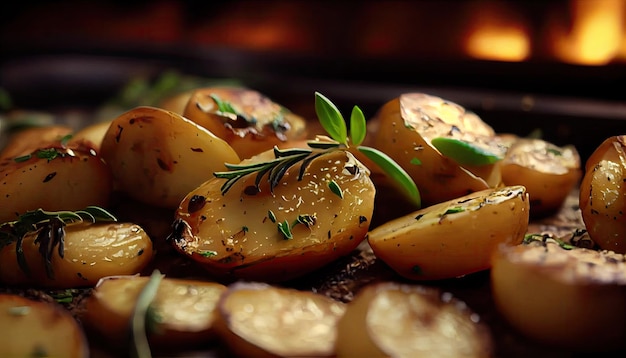 Roasted potatoes tasty food background with Generative AI Technology