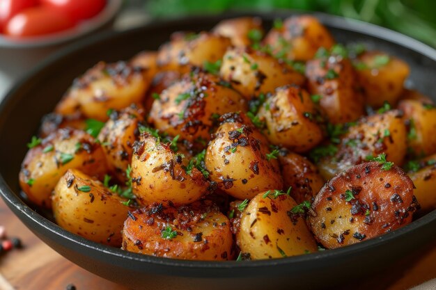 Roasted potatoes with herbs and spices in pan