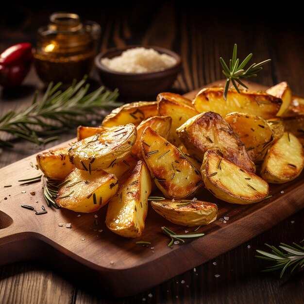 Roasted potatoes with rosemary on wooden board