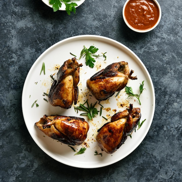 Photo roasted quails on white plate