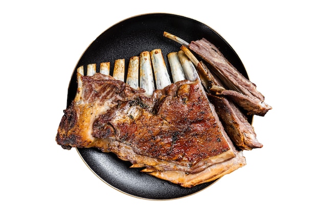 Roasted Rack of lamb ribs mutton spareribs sliced meat on plate Isolated on white background