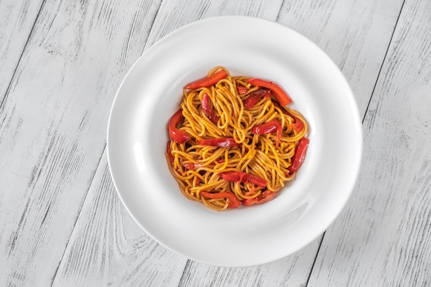 Roasted Red Pepper Spaghetti Pasta On The Plate