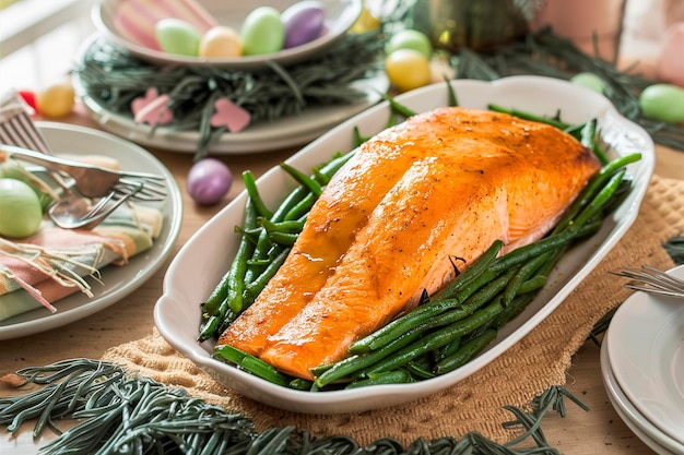 Roasted salmon and green beans for Easter brunch