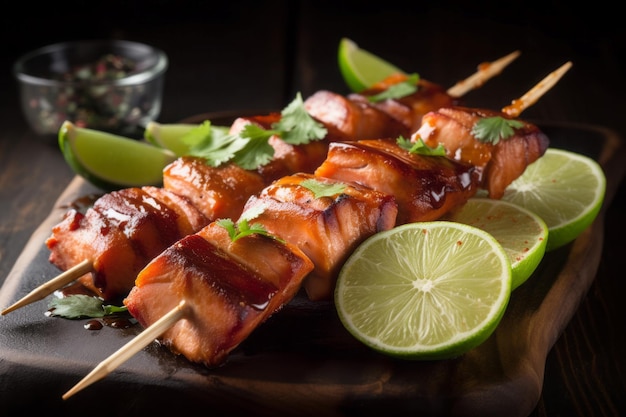 Roasted salmon skewers with citrus fruits Gourmet fried healthy meat recipe Generate Ai