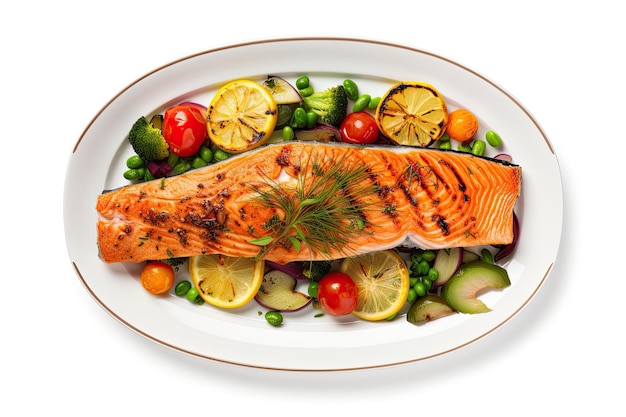 Roasted salmon steak and vegetables isolated on white background top view