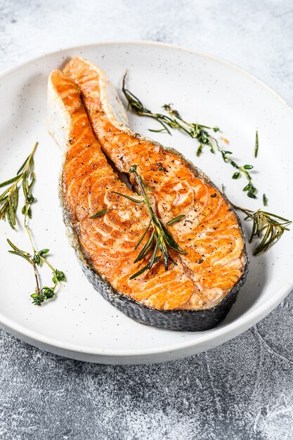 Roasted salmon steak.