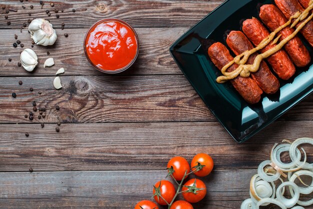 Roasted sausage in black plate on wooden table. Top view