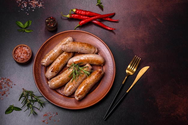 Roasted sausages grill with spices and herbs with salt and pepper