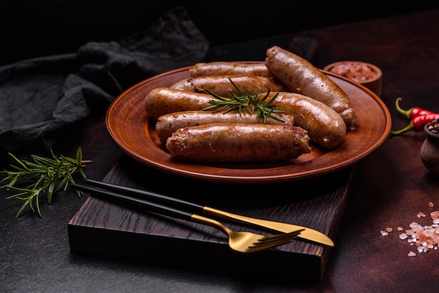 Roasted sausages grill with spices and herbs with salt and pepper