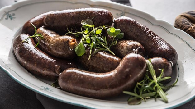 Foto salsicce arrostite in padella con rosmarino cibo europeo tradizionale bratwurst jaternice o jitrnice