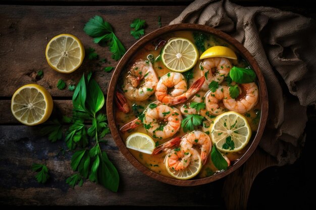 Roasted shrimps with lemon and herbs on dark wooden table top view seafood Ai generated