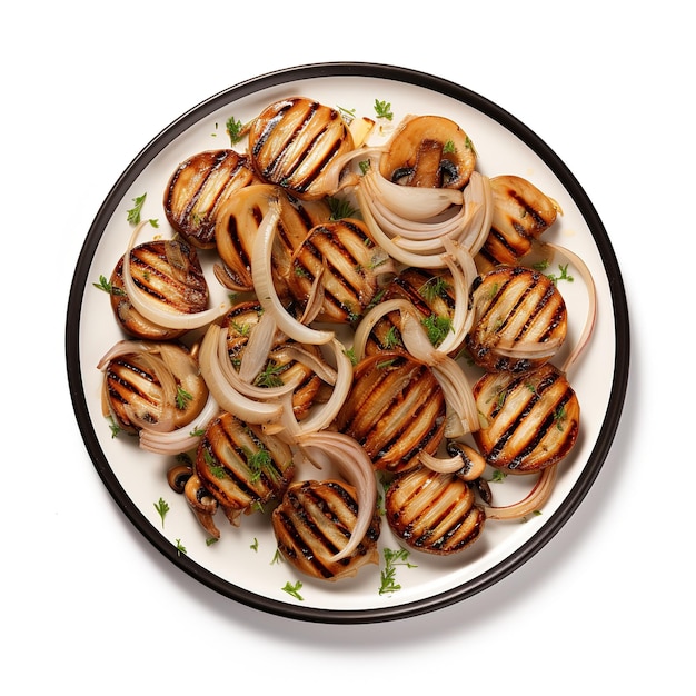 Roasted sliced champignons with onions isolated on white background