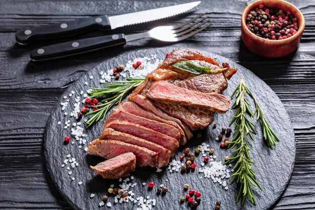 Roasted strip loin steak top view