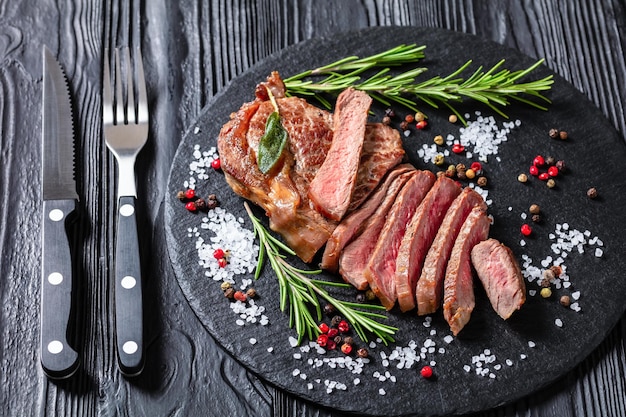 Roasted strip loin steak top view