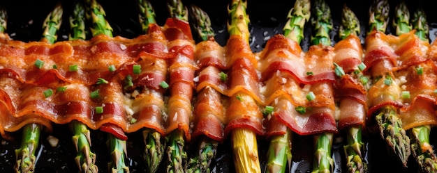 Roasted tasty asparagus with bacon on a plate View from above Generative AI