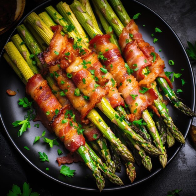 Roasted tasty asparagus with bacon on a plate View from above Generative AI