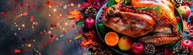 A roasted Thanksgiving turkey garnished with seasonal fruits and vegetables