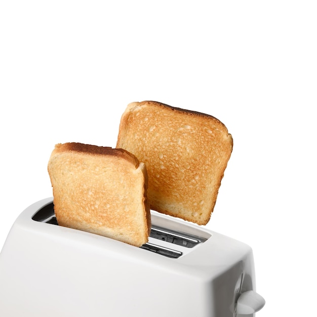 Roasted toast bread and toaster over white background