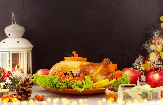 Roasted traditional Turkey with berries and apples on wooden background thanksgiving holiday dinner