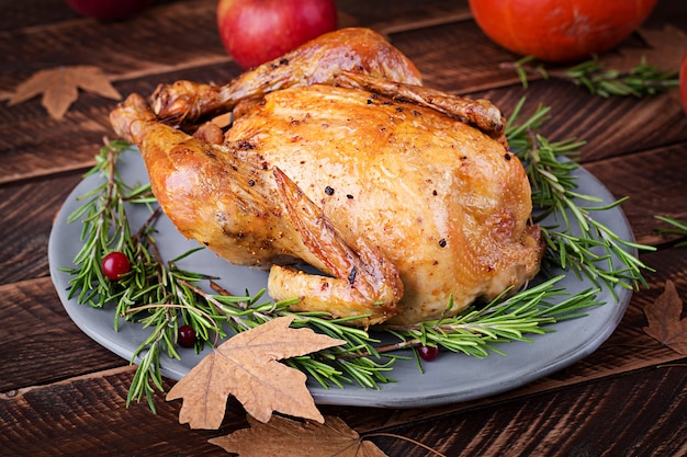 Roasted turkey garnished with cranberries on a rustic style table decorated with pumpkins, apples and autumn leaf. Thanksgiving Day.