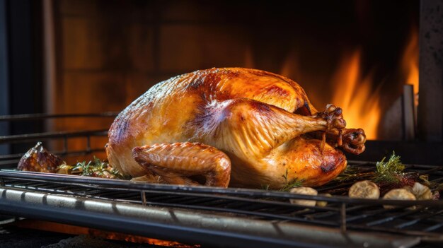 A roasted turkey is cooking on a grill with flames coming out of the background