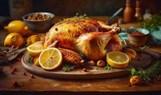 Roasted turkey on platter with lemons nuts and spices Generative AI