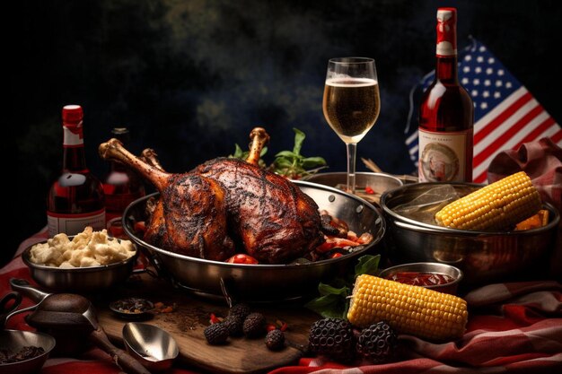 Photo a roasted turkey sits on a table with a glass of wine and a bottle of wine.