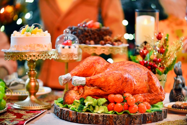 Roasted turkey.table served with turkey in christmas dinner