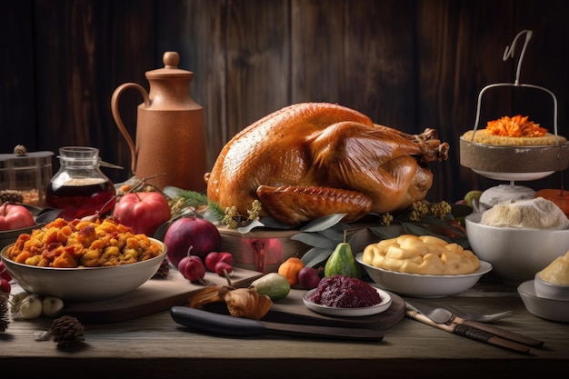 Roasted turkey for Thanksgiving dinner on wooden table AI generative