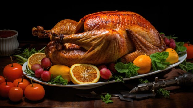 A roasted turkey with fresh fruit and vegetables on wooden table