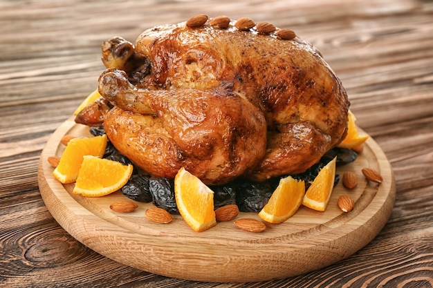 Roasted turkey with slices of orange and prune on wooden board