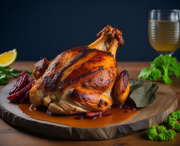 A roasted turkey on a wooden platter with a glass of apple cider behind it.