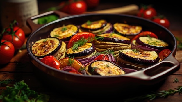 Photo roasted vegetables with eggplant and tomatoes in a pan