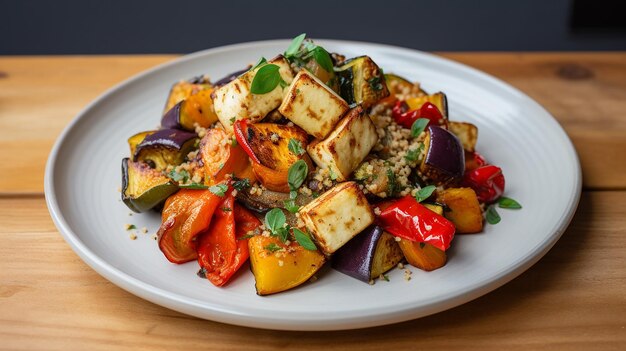 Photo roasted vegetables with quinoa and tofu bowl